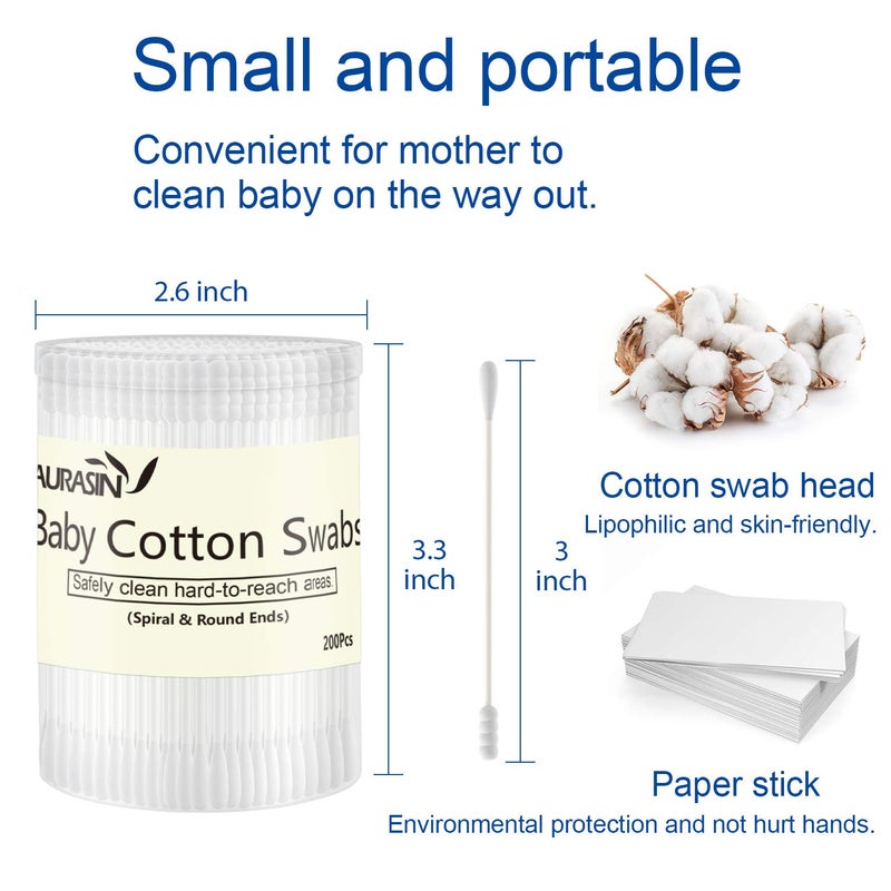 Aurasin Baby Cotton Swabs, Paper Sticks Cotton Buds for Baby Ear Nose Clean-200Pcs(Spiral & Round) - Image 5
